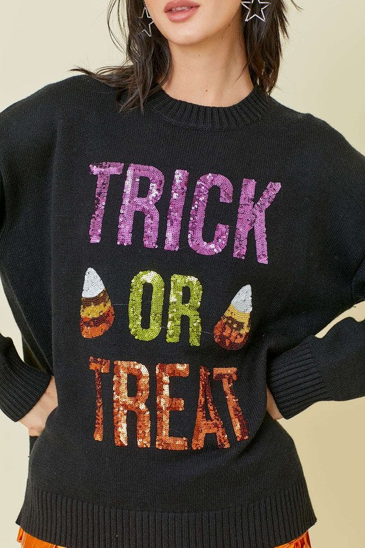 Halloween Trick Or Treat Sequin Sweater Black