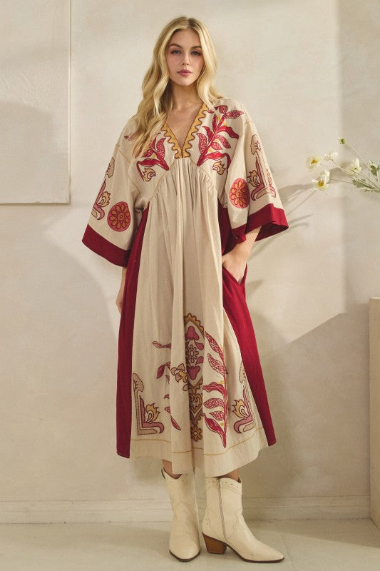 Vintage Embroidery Dress Burgundy