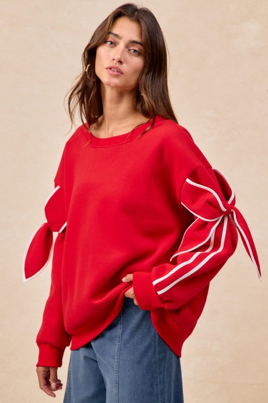 Bow Detail Sleeves Fleece Sweatshirt Top Red