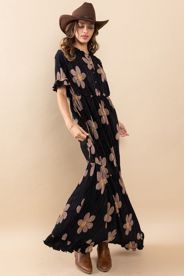 Floral Print Pleated Maxi Dress Black