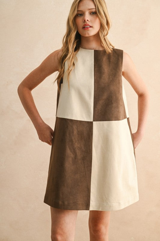 Suede Shift Dress Brown Ecru