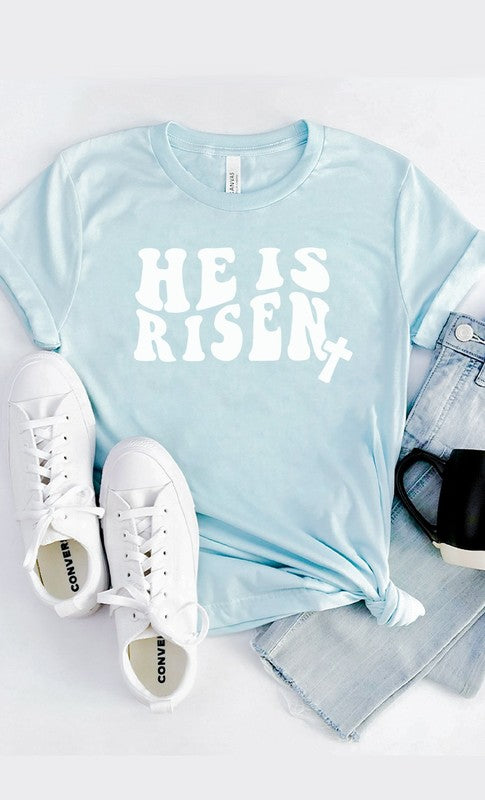 He is Risen Easter Cross Graphic Tee Ice Blue