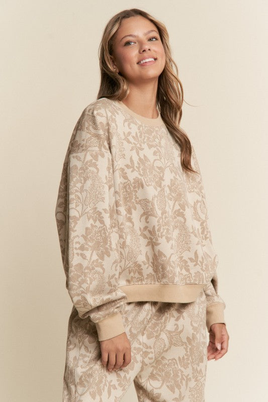 Floral Print Drop Shoulder Sweater Taupe