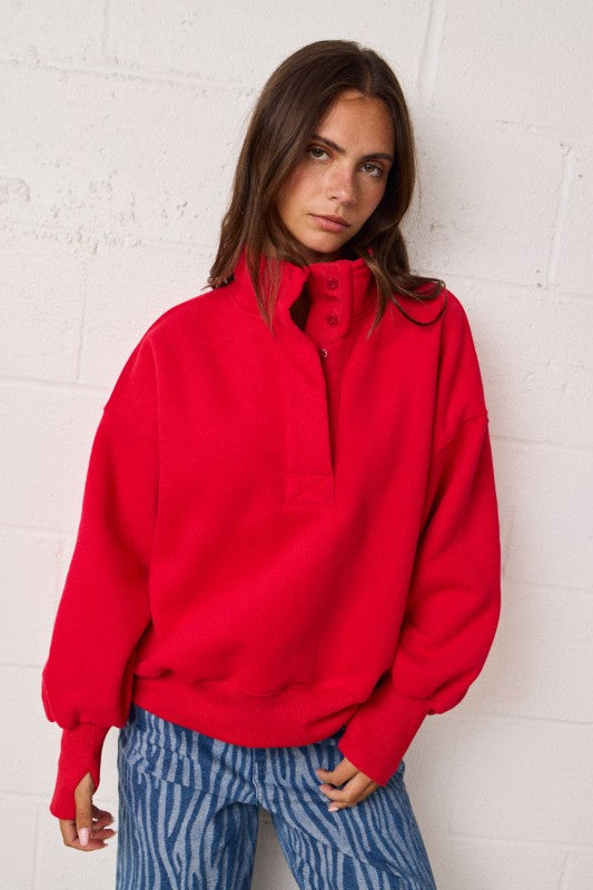 High Collar Relaxed Fit Pullover Red