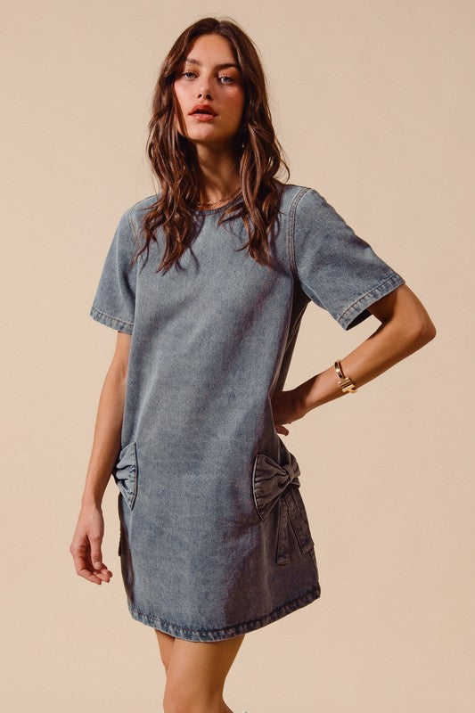 Bow Ribbon Knot Applique Mini Dress Denim