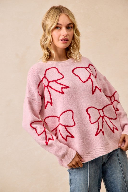 Ribbon Artwork Cozy Sweater Top Pink