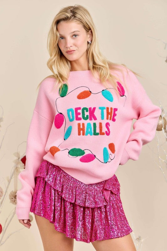 Deck The Halls Christmas Sweater Pink