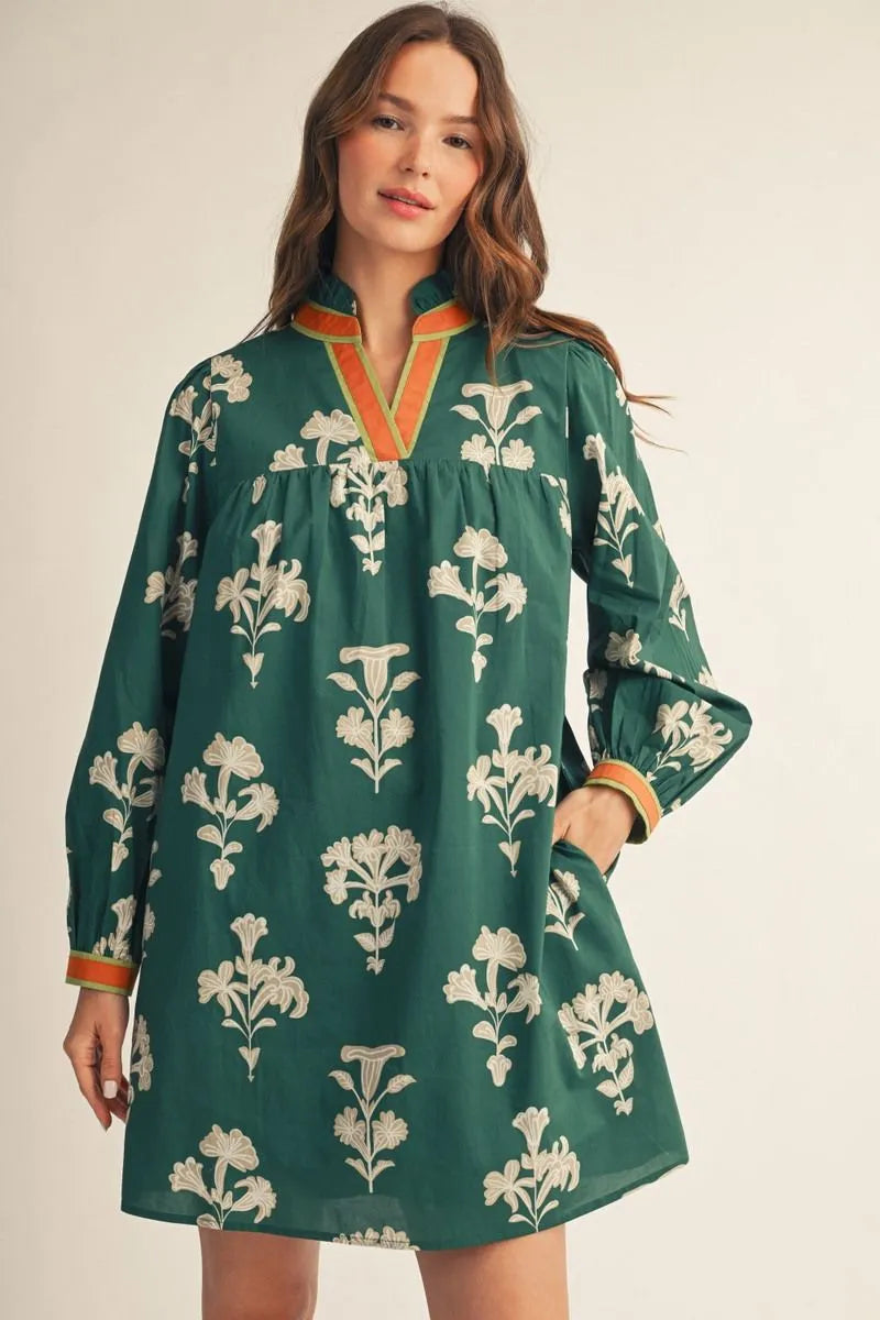 Long Sleeve Floral Dress Hunter Green