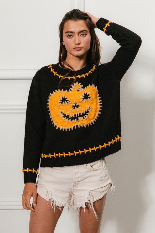 Stitch Pumpkin Pattern Sweater Black
