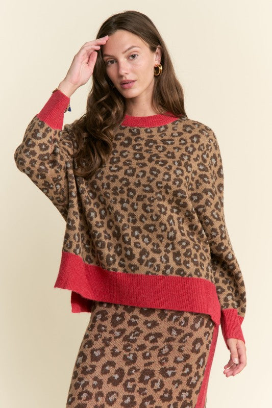 Multi Color Knit Sweater Top Leopard Brown