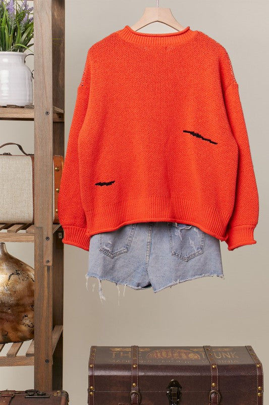 Halloween Spooky Face Ghost Knit Sweater Orange