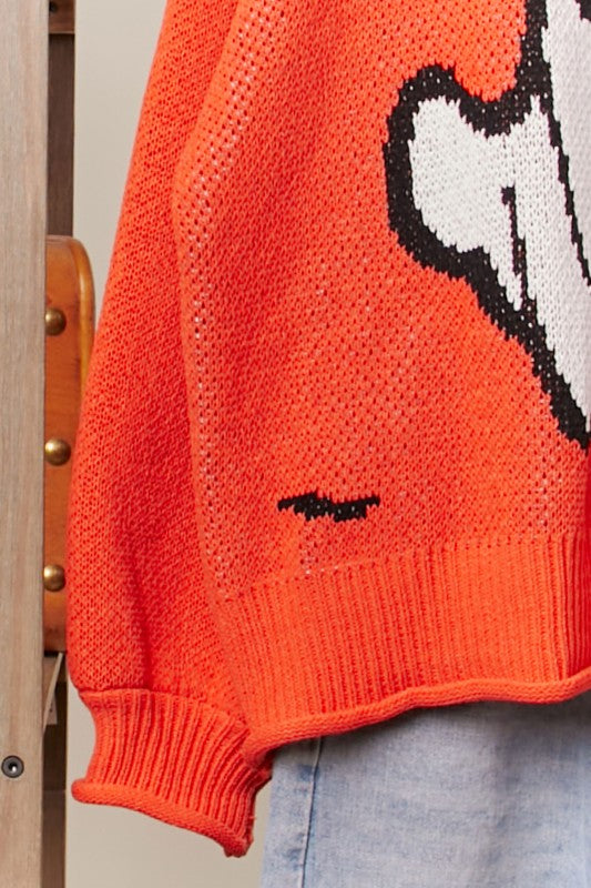 Halloween Spooky Face Ghost Knit Sweater Orange