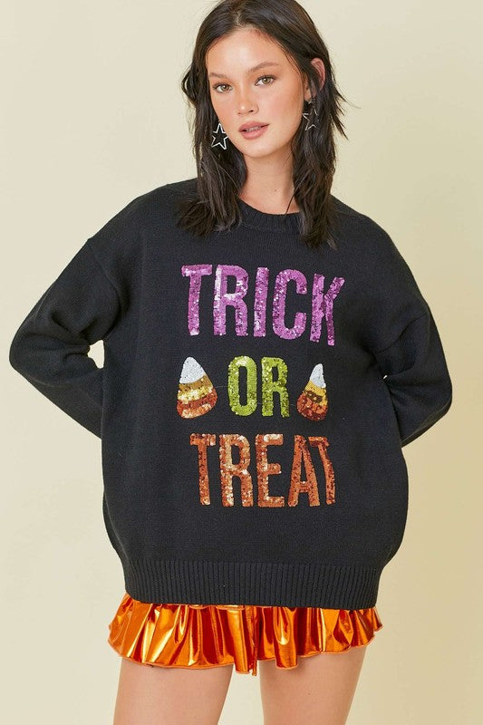 Halloween Trick Or Treat Sequin Sweater Black
