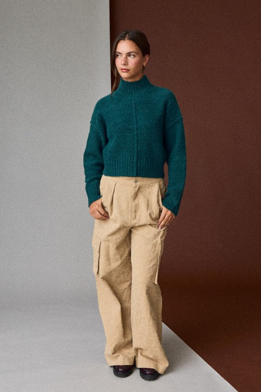 Ribbed Hem Mock Neck Sweater Emerald