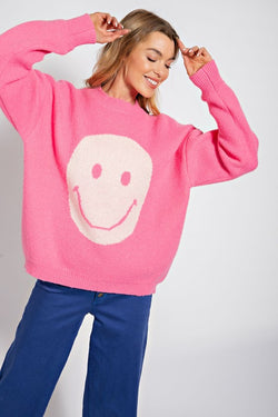 Smile Face Pattern Knit Sweater Cotton Candy