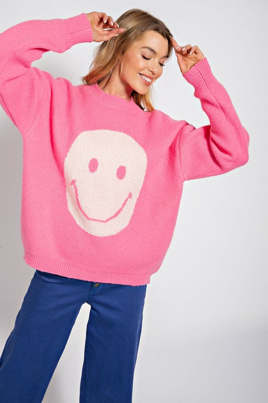 Smile Face Pattern Knit Sweater Cotton Candy
