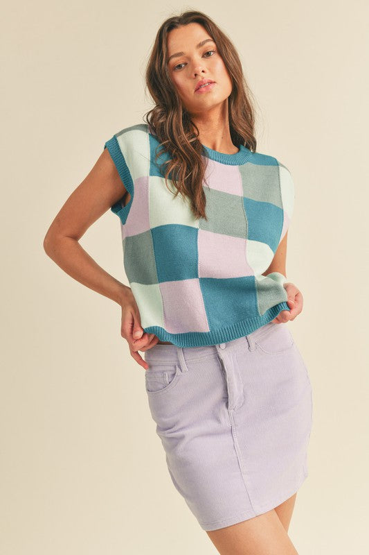 Checkered Sweater Vest Teal Multi