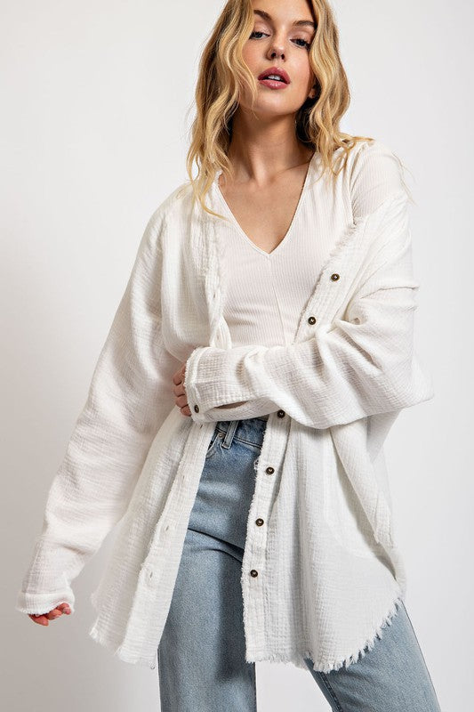 Button Down Frayed Hem Top Off White