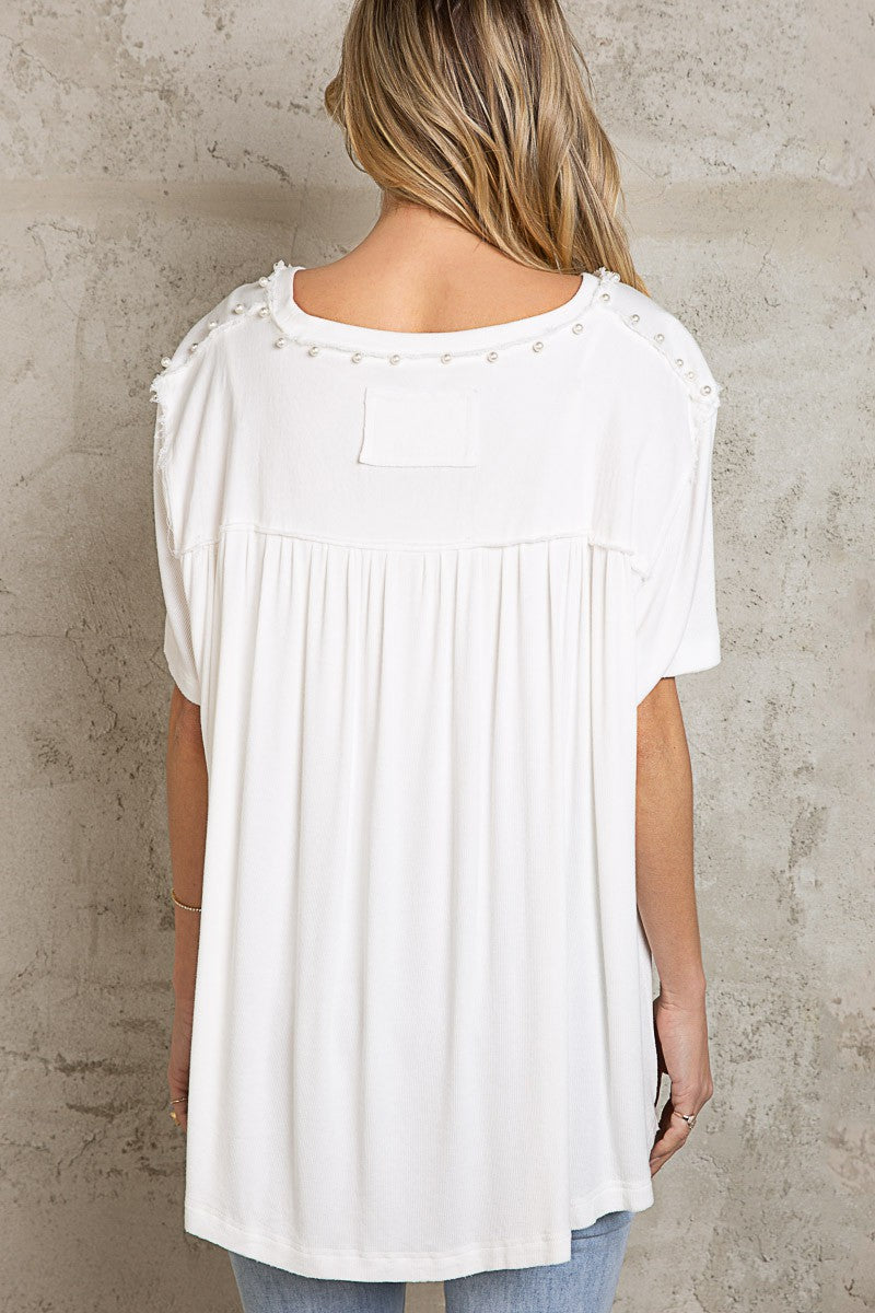 Oversize Pearl Detail Ribbed Top Off White