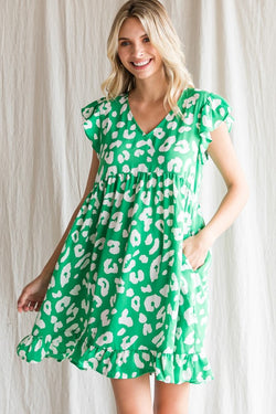 Leopard Print Ruffled Cap Shoulders Dress Green