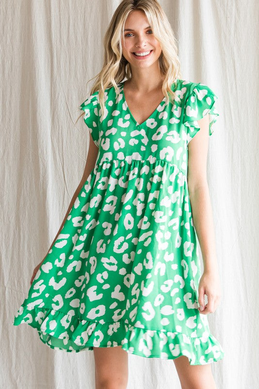 Leopard Print Ruffled Cap Shoulders Dress Green