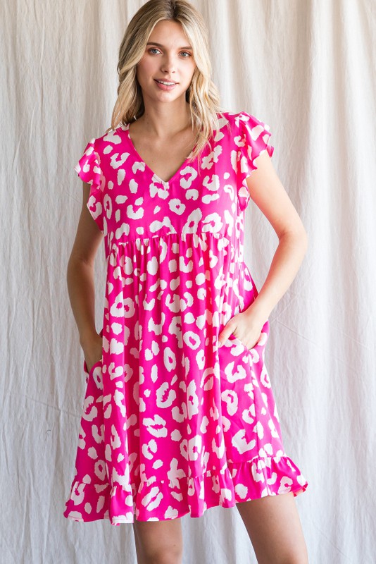 Leopard Print Ruffled Cap Shoulders Dress Pink