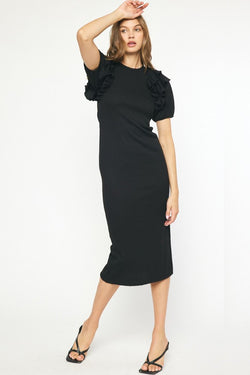Ribbed Short Sleeve Midi Dress Black
