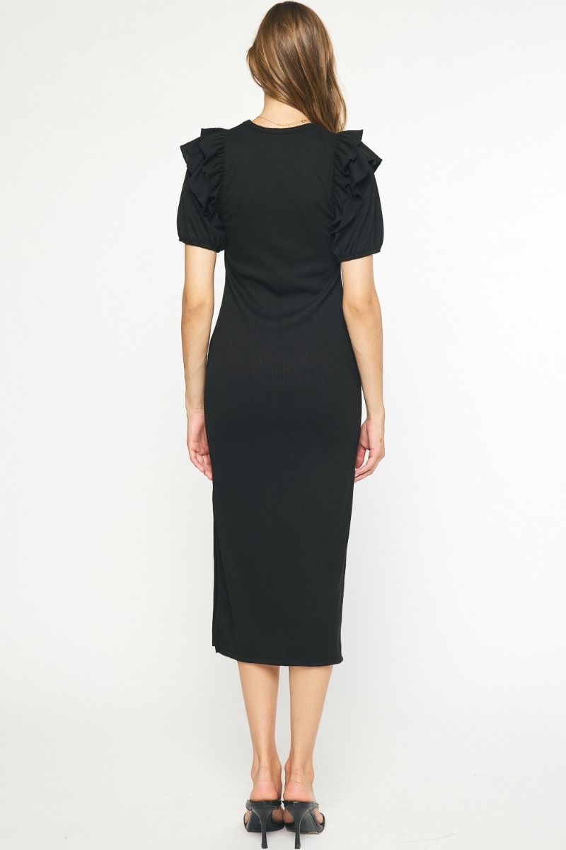 Ribbed Short Sleeve Midi Dress Black Ribbed Short Sleeve Midi Dress Black