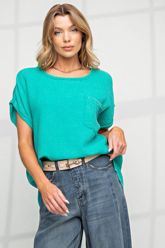 Mineral Washed Round Neck Top Green