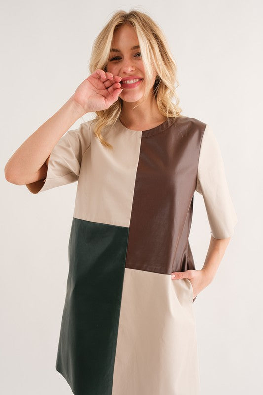 Color Block Faux Leather Mini Dress Brown
