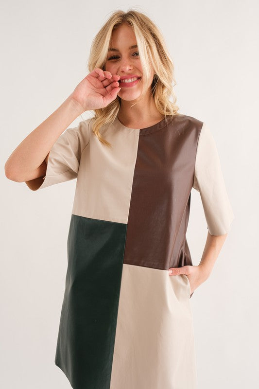 Color Block Faux Leather Mini Dress Brown - Southern Fashion Boutique Bliss Color Block Faux Leather Mini Dress Brown - Southern Fashion Boutique Bliss