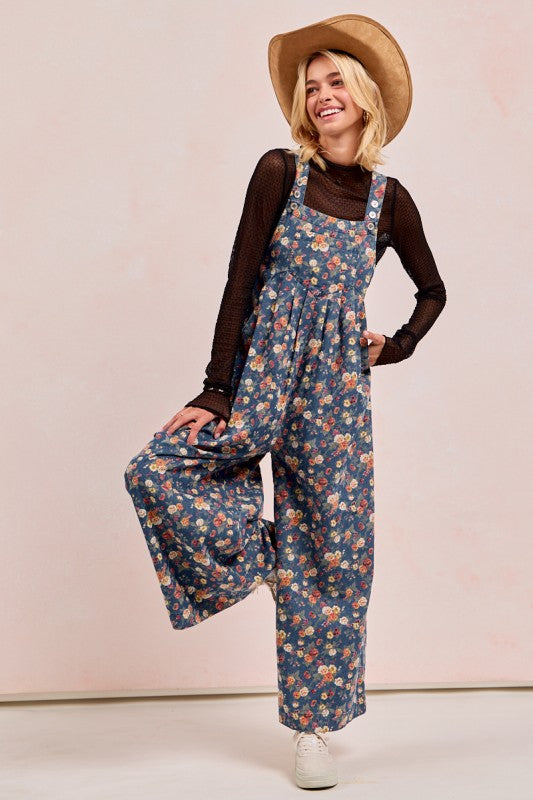 Washed Floral Print Pleated Overalls Denim