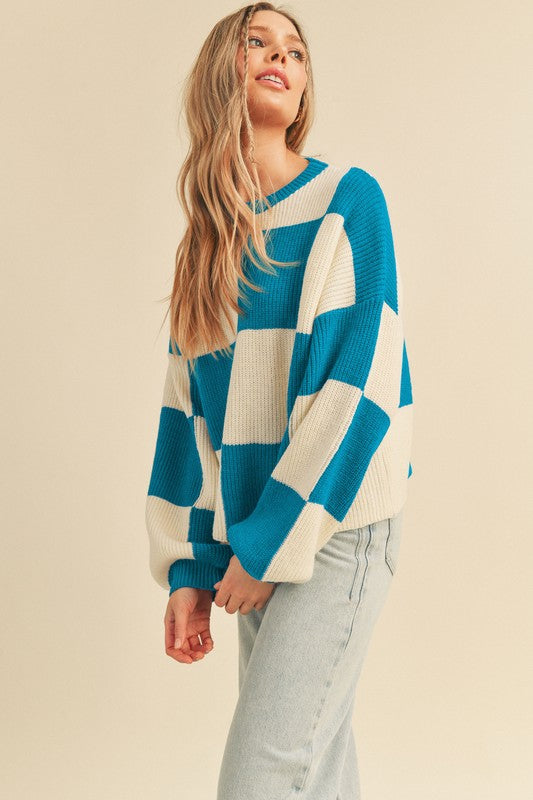 Oversized Checkerboard Pullover Turquoise