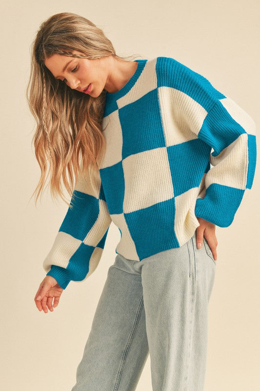 Oversized Checkerboard Pullover Turquoise