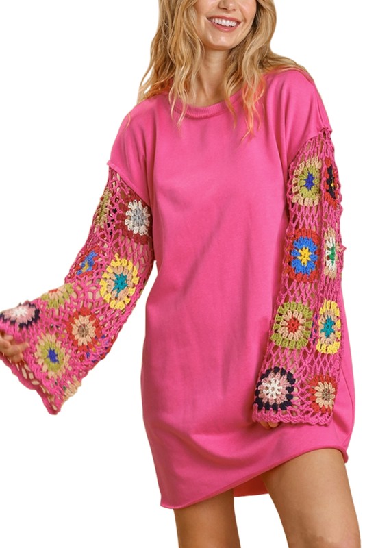 French Terry Color Crochet Dress Bubble Gum