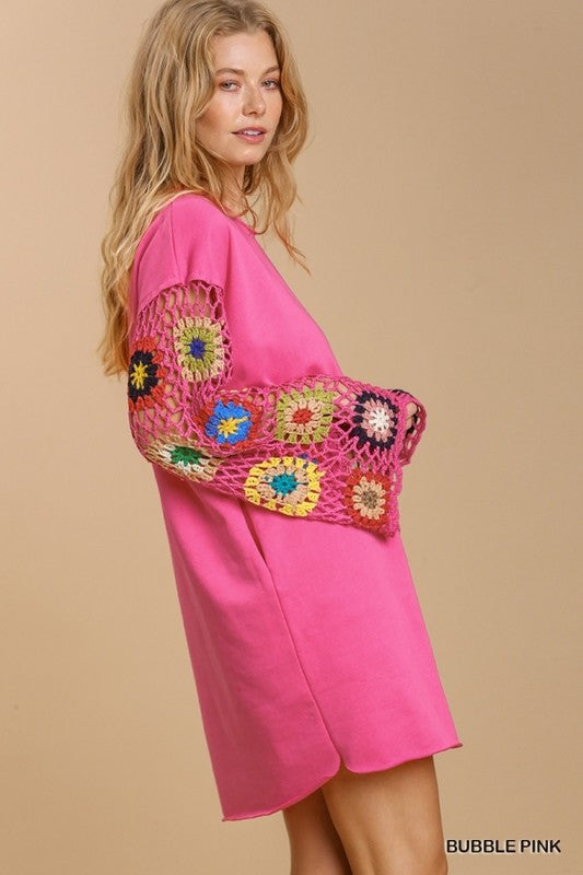 French Terry Color Crochet Dress Bubble Gum