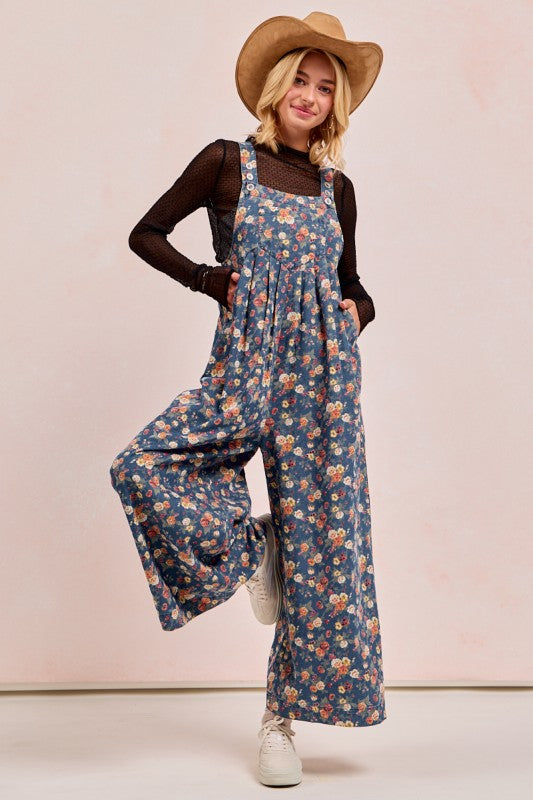 Washed Floral Print Pleated Overalls Denim