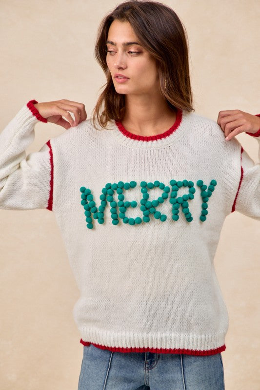 Christmas Pompom LatterMerry Sweater Top Ivory
