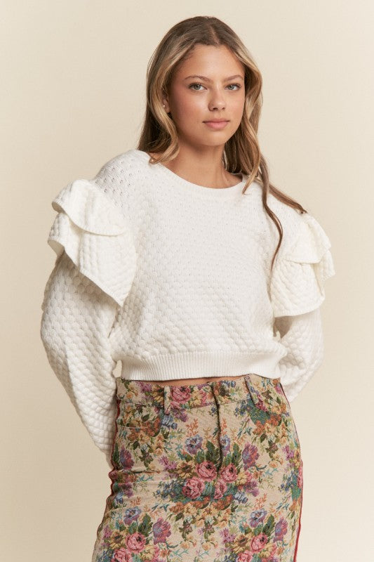 Tiered Ruffle Long Sleeve Sweater Top Cream