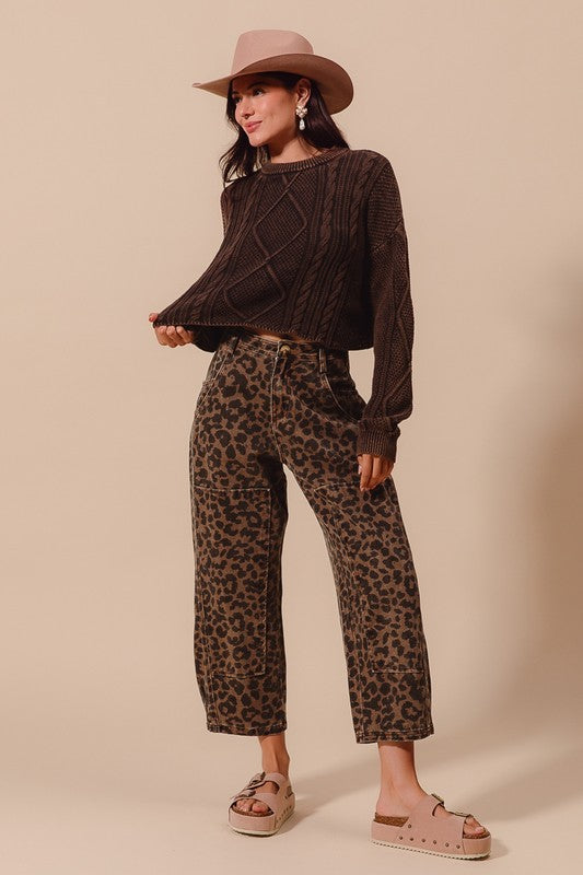 Twill Mid Rise Wide Leg Pants Mocha Leopard