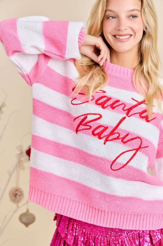 Santa Baby Stripe Knit Sweater Pink