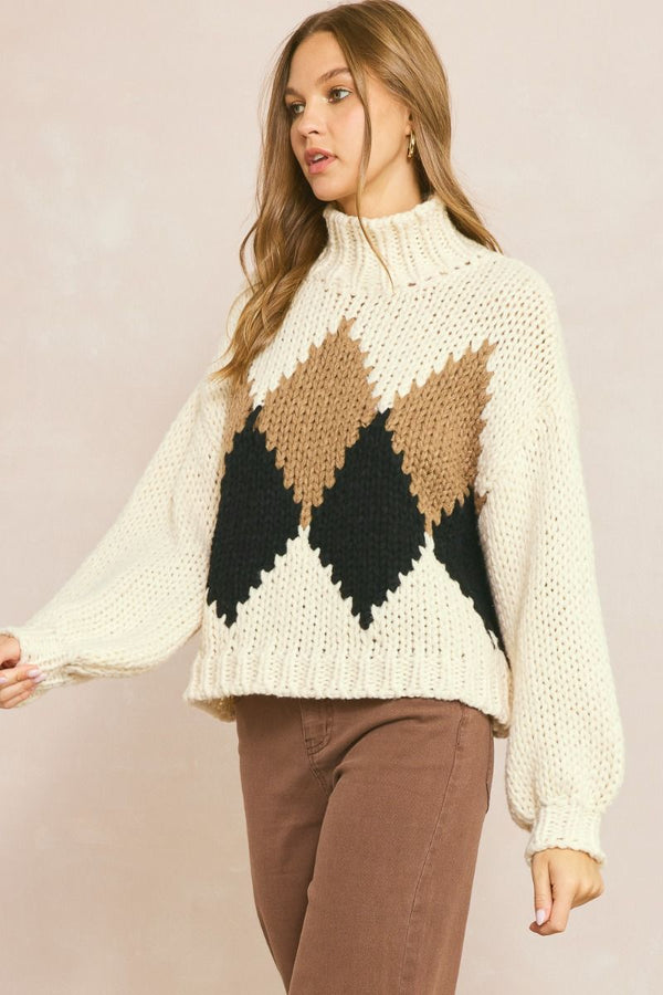 Geometric High Neck Sweater Mocha Combo