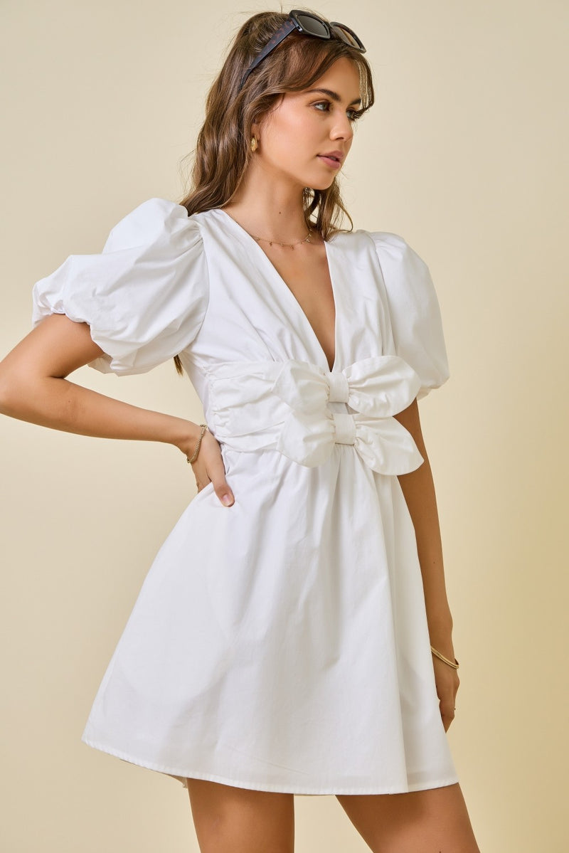 bow front mini dress Detail Off White and an open back pinafore Color:Black Vegan Suede Simple Mini/Short Blue Prom