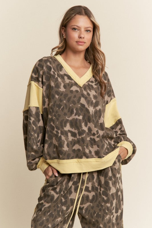 Leopard Print V-Neck Patchwork Top