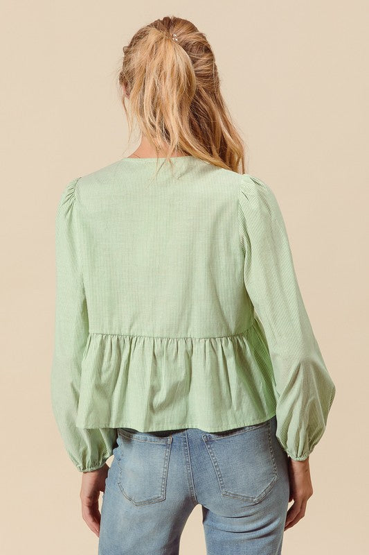 Pin Stripe Bow Ribbon Front Top Green