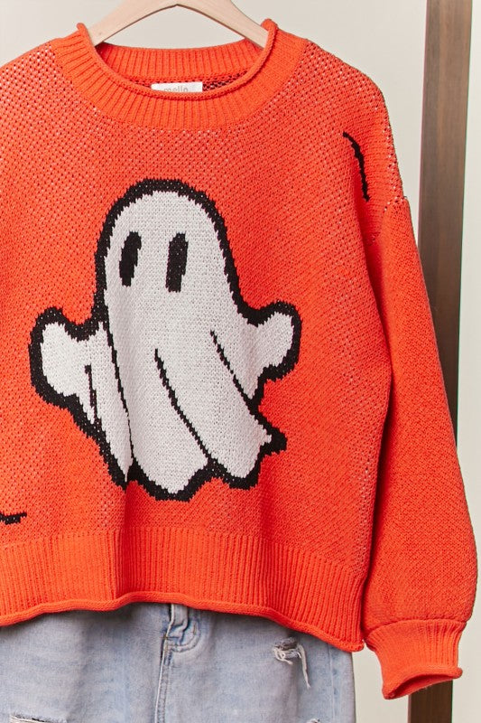 Halloween Spooky Face Ghost Knit Sweater Orange