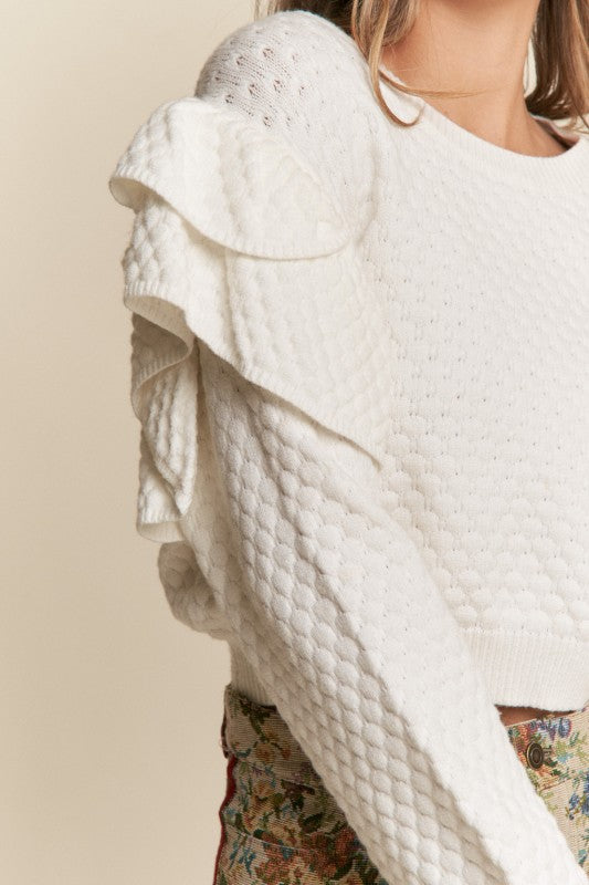 Tiered Ruffle Long Sleeve Sweater Top Cream