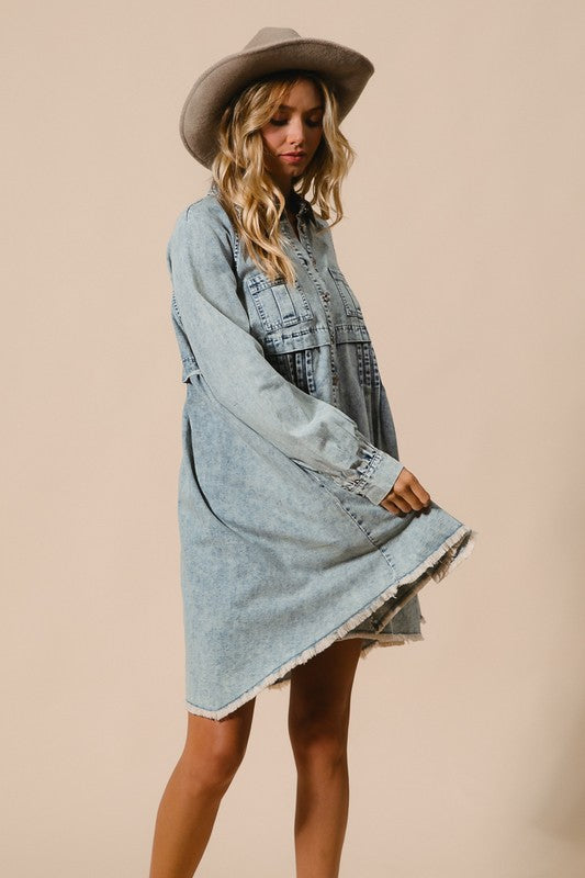 Mineral Washed Button Down Dress Light Denim