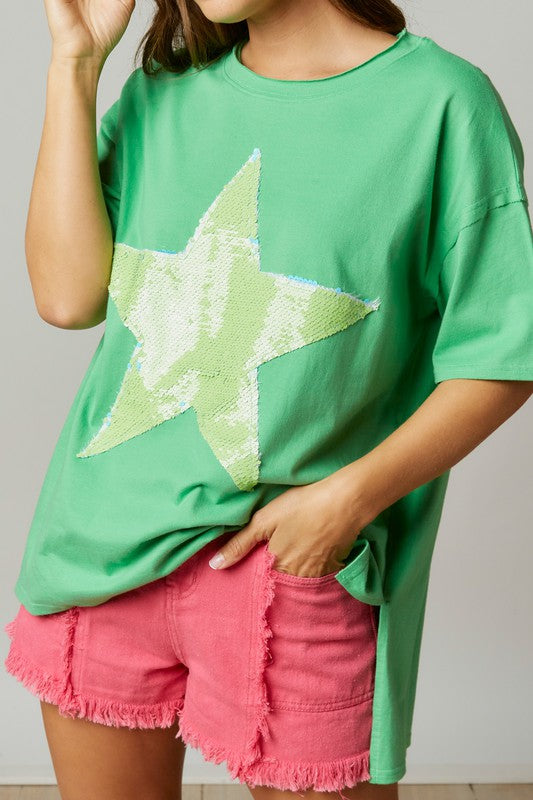 Sequin Star Cotton Loose Fit Top Green