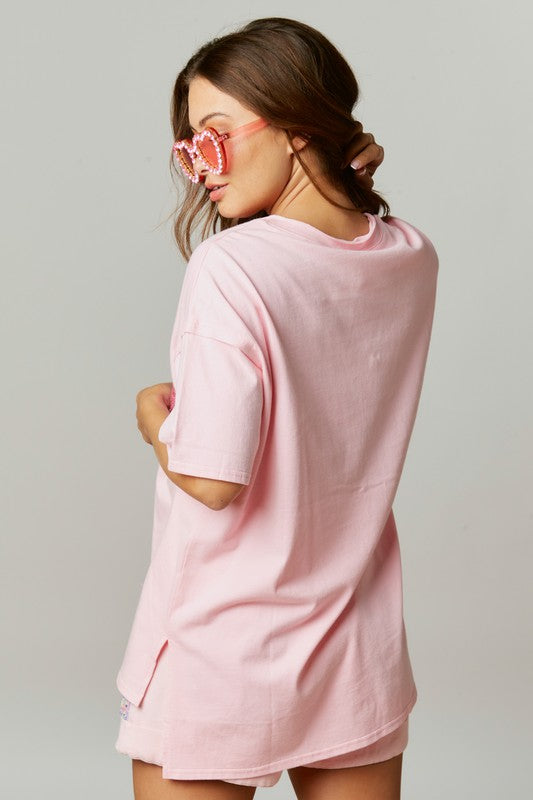 Sequin Star Cotton Loose Fit Top Pink